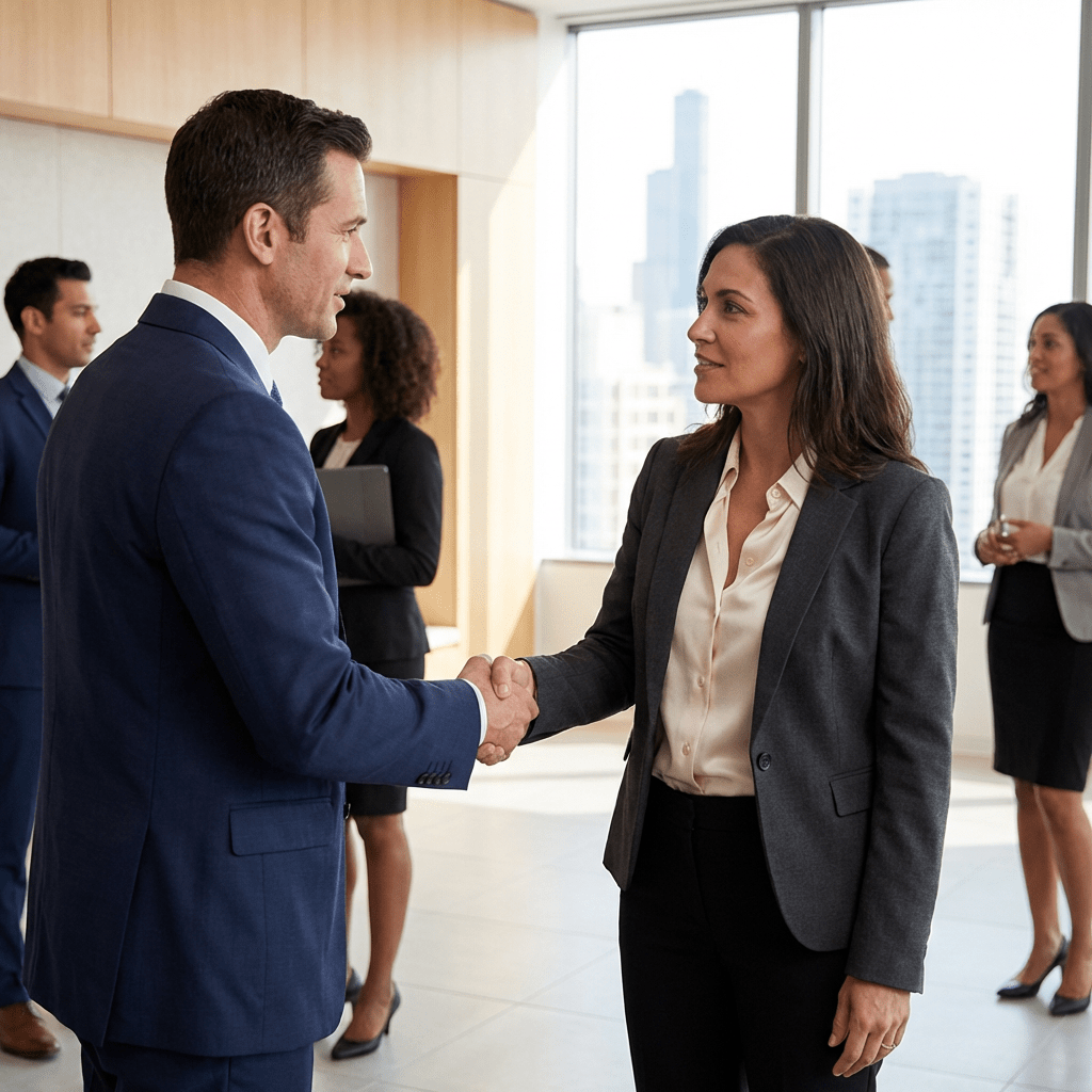 Business professionals shaking hands in a bright office with a city skyline background.